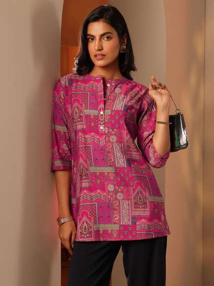 Libas Ethnic Motifs
                        Printed Mandarin Collar Straight Kurti