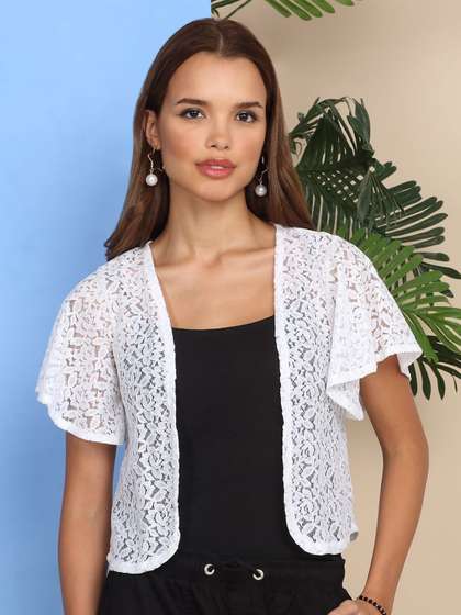 Dressitude Self
                        Design Mandarin Collar Open Front Crop Shrug