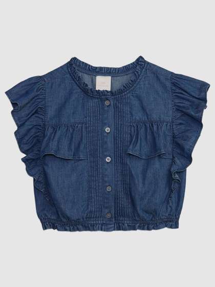 GAP Girls Flutter
                      Sleeves Ruffle Trim Round Neck Top
