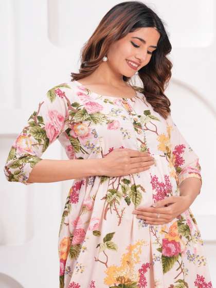 Style Heaven Women
                        Cream Floral Printed Pure Cotton Maternity
                        Angrakha Kurti
