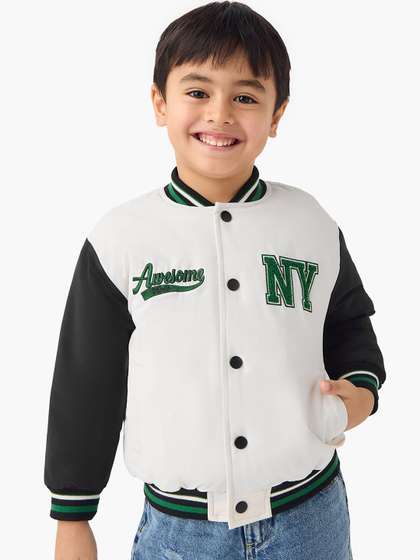 Juniors by Babyshop Boys
                    Stand Collar Typography Embroidered Lightweight
                    Varsity Jacket
