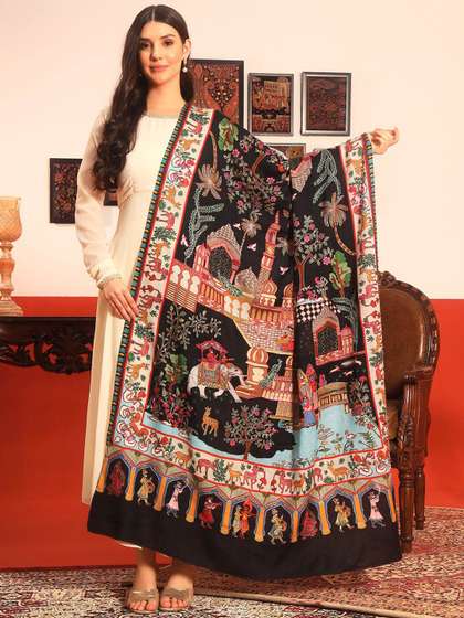 Pashmoda Ethnic
                          Motifs Woven Design Naqqashi Pure Wool
                          Kalamkari Shawl