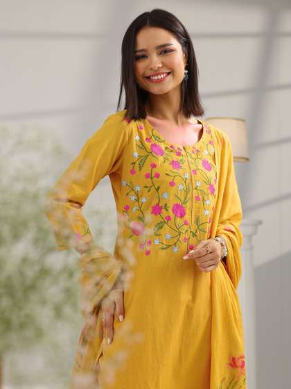 Libas Women Solid
                        Embroidered Kurta with Trousers & Dupatta