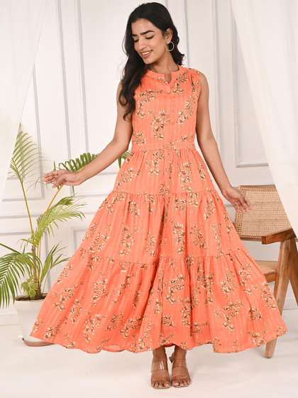 INDULI Women
                          Floral Printed V-Neck Sleeveless Tiered Maxi
                          Dress
