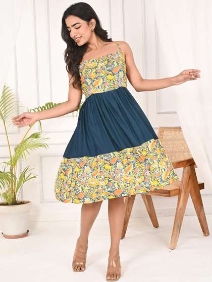INDULI Women
                          Floral Printed Shoulder Straps Fit And Flare
                          Midi Dress