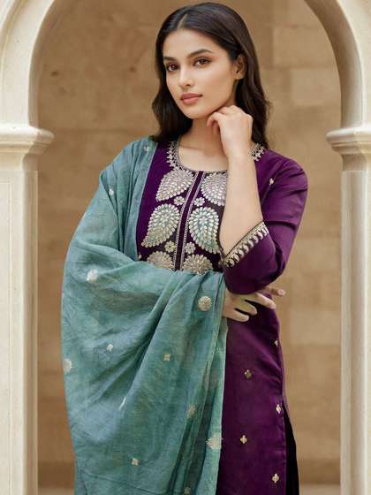 SANISA Floral
                        Embroidered Thread Work Straight Kurta With
                        Trousers & Dupatta