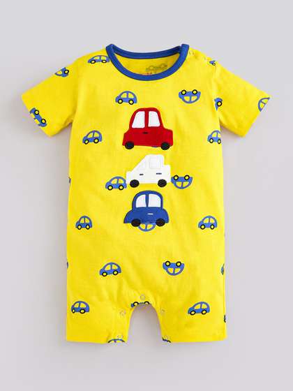 Hopscotch Kids Unisex
                    Yellow Round Neck Car Embroidery Cotton Romper