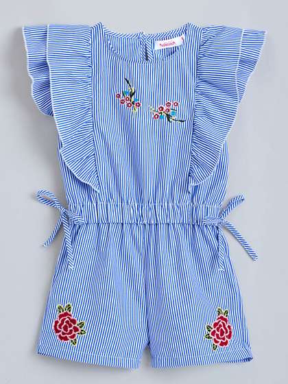 Hopscotch Girls Striped
                    Embroidered Ruffle Accent Jumpsuit