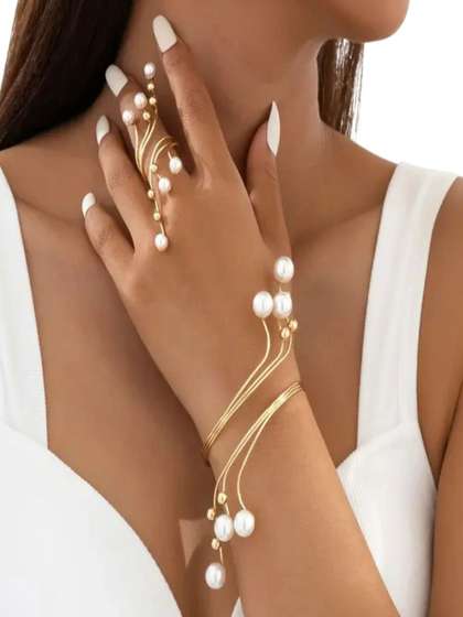 ROYAL NEEDS Pearls
                        Studded Cuff Bracelet With Finger Ring