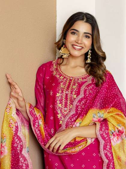 SANISA Women Pink
                        Silk Blend Embroidered Kurta & Trousers With
                        Dupatta