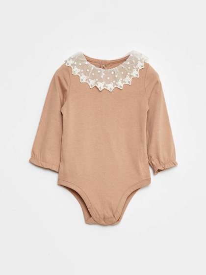 KIABI Infant Girls Pure
                    Cotton Round Neck Ruffled Lace Collar Bodysuit
