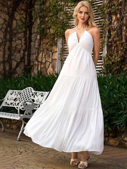 backless dresses myntra Buy LULU & SKY Halter Neck Plunge Backless Maxi Sheath Dress - Dresses for  Women 28490670