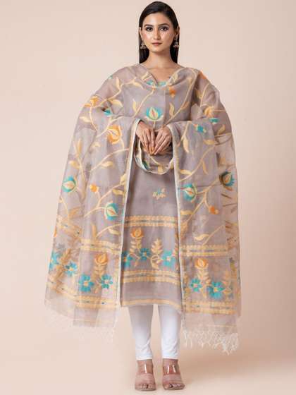 Durga Handlooms
                        Jamdani Woven Design Zari Pure Cotton Unstitched
                        Kurti Material with Dupatta