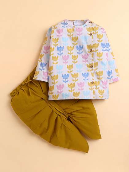 Polka Tots Unisex Floral
                    Printed Cotton Kurta with Dhoti Pants