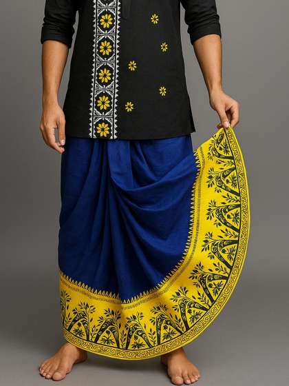 AMIT ONLINE Men Blue
                        And Yellow Printed Mour Puccho Dupion Silk
                        Dhoti
