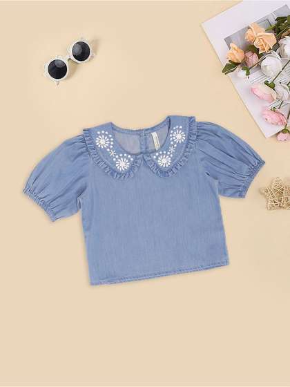 Pantaloons Junior Girls
                    Floral Embroidered Peter Pan Collar Puff Sleeve
                    Cotton Top