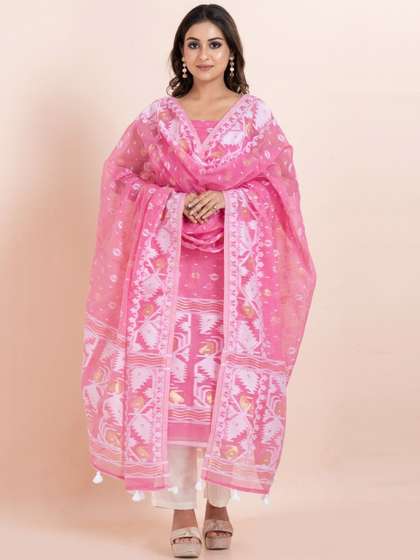 Durga Handlooms
                          Jamdani Unstitched Woven Design Zari Pure
                          Cotton Kurti with Dupatta