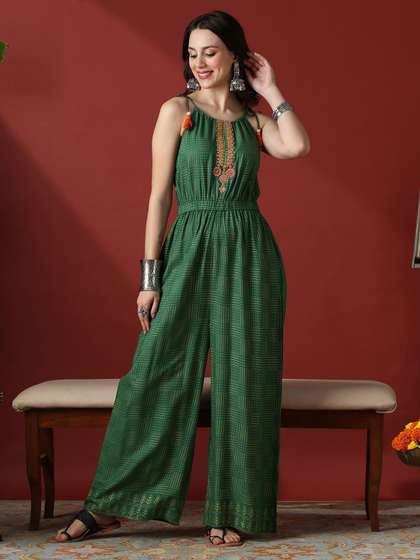 Globus Polka Dot Foil
                      Printed Embroidered Tie-Up Shoulder Straps Wide
                      Leg Basic Jumpsuit