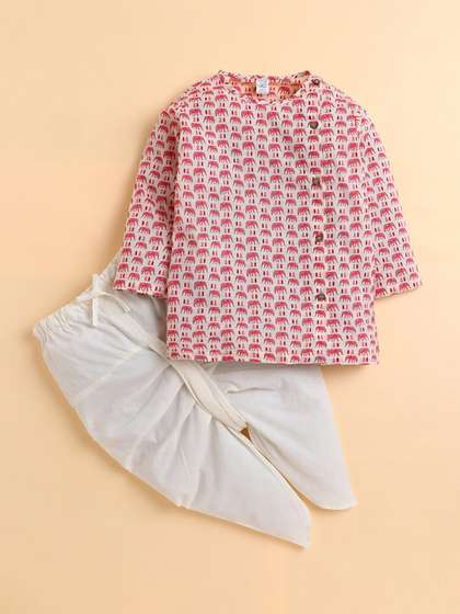 Polka Tots Kids
                    Elephants Printed Full Sleeves Angrakha Pure Cotton
                    Kurta with Dhoti Pants