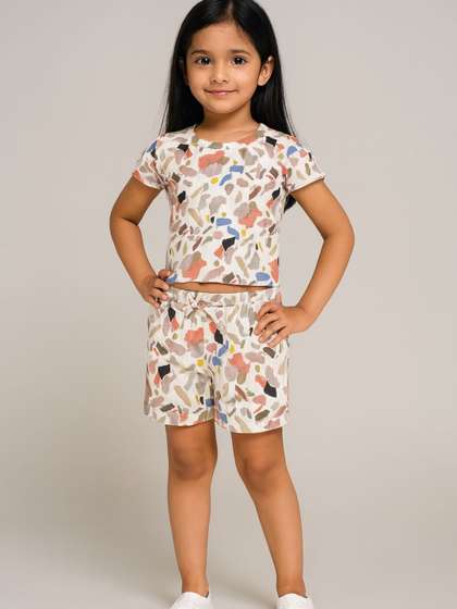 YK Girls White
                        Printed Polyester Co-ord Set with Top &
                        Shorts