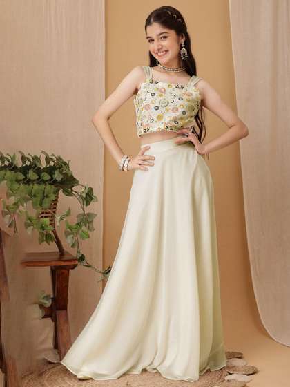 Inddus Girls
                          Embroidered Thread Work Ready To Wear Lehenga
                          & Choli