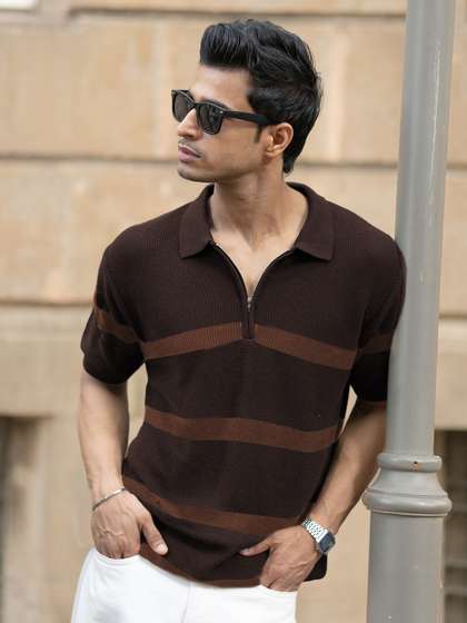 Powerlook Men
                          Striped Polo Collar Cotton T-shirt
