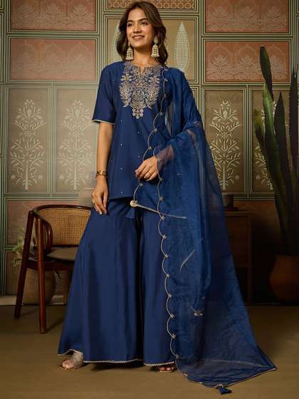 House of Pataudi
                          Floral Embroidered Thread Work Chinon Kurti
                          With Palazzo & Dupatta