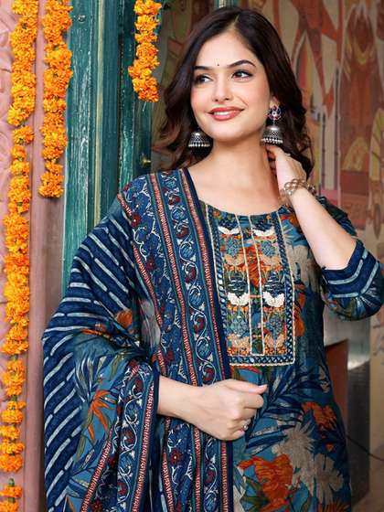 Anouk Rustic Women
                        Printed Regular Silk Crepe Straight Kurta with
                        Trousers & Dupatta
