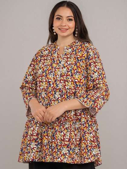 Fashion Zest Floral
                        Printed Plus Size Mandarin Collar Kurti
