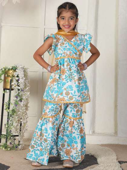 Cutiekins Girls Floral
                    Printed V-Neck Gotta Patti A-Line Kurta With Sharara
                    & Dupatta