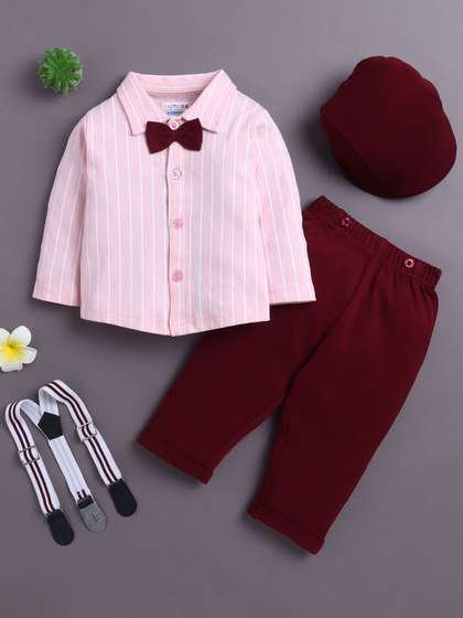 BUMZEE Boys Striped Pure
                    Cotton Shirt With Trouser & Suspender & Cap
