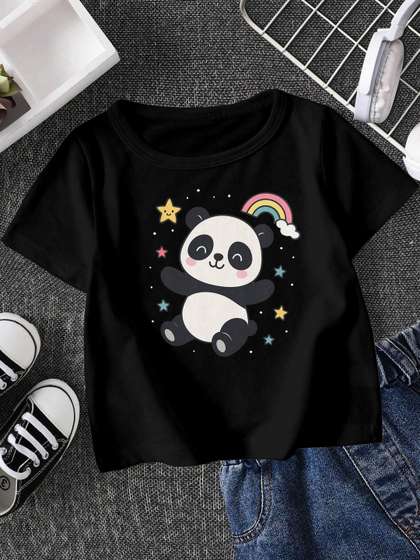 FIONAA TRENDZ Kids Black
                    Panda Rainbow Print Round Neck Short Sleeves Cotton
                    T-shirt