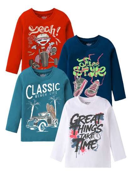 Kiddeo Boys Pack of 4
                    Graphic Printed Round Neck Cotton T-shirts