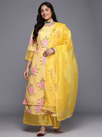 A PLUS BY AHALYAA
                        Plus Size Floral Printed Gotta Patti Kurta with
                        Palazzos & With Dupatta