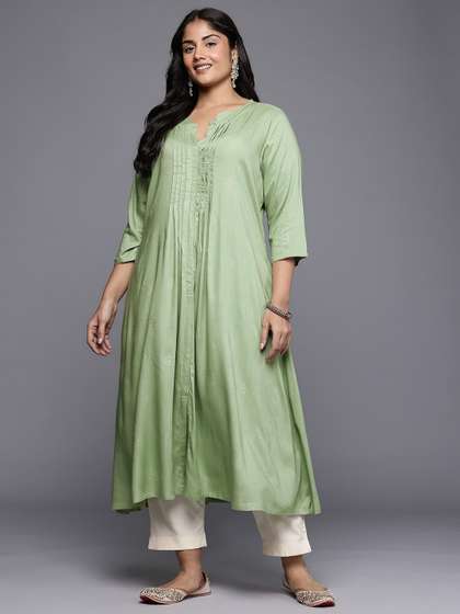 A PLUS BY AHALYAA
                        Plus Size Ethnic Motifs Foil Printed Pleated
                        A-Line Kurta