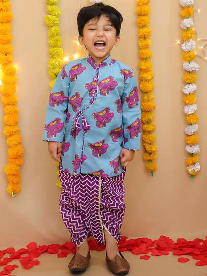 BownBee Boys Ethnic
                      Motifs Printed Mandarin Collar Pure Cotton Kurta
                      With Dhoti Pants