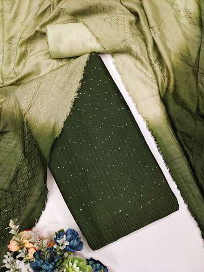 Panzora Striped
                          Embroidered Sequnnied Chanderi Unstitched
                          Dress Material