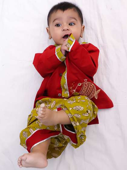 BownBee Boys Ethnic
                    Motifs Embroidered Pure Cotton Kurta with Dhoti
                    Pants