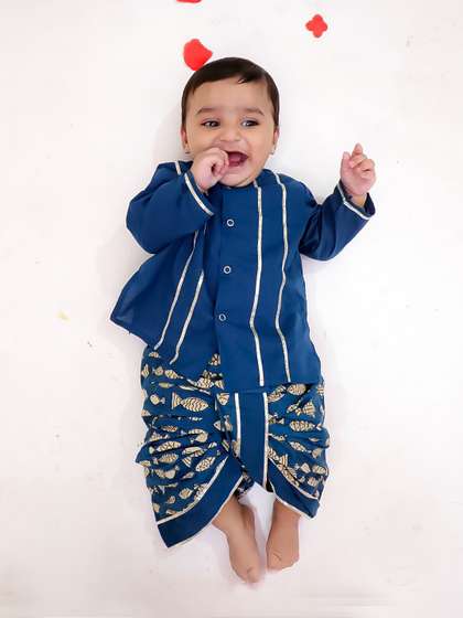 BownBee Boys Ethnic
                      Motifs Striped Pure Cotton Kurta with Dhoti Pants