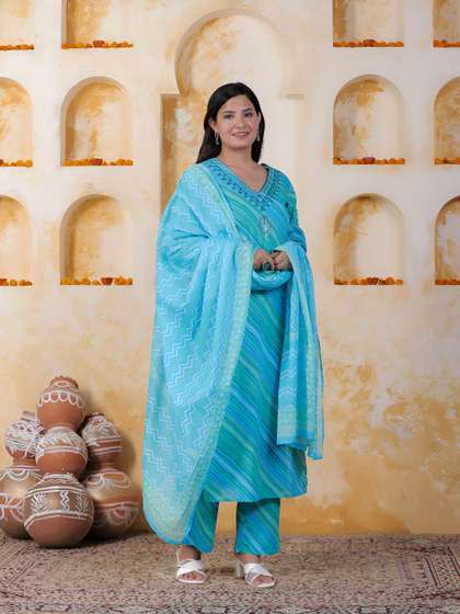 Aramya Women Striped
                        Printed Cotton Kurta with Trousers &
                        Dupatta