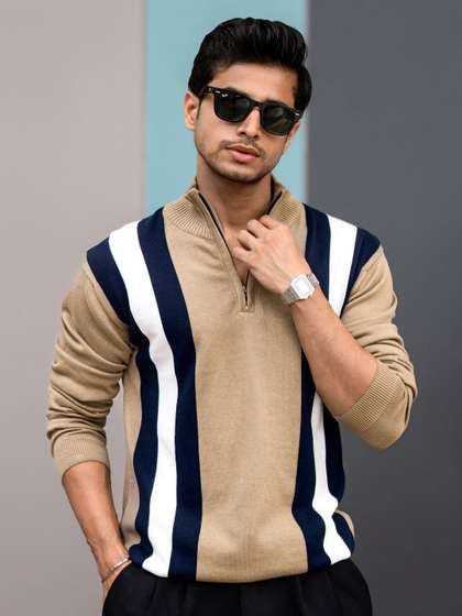 Maniac Men Striped
                          High Neck Cotton Sweatshirt