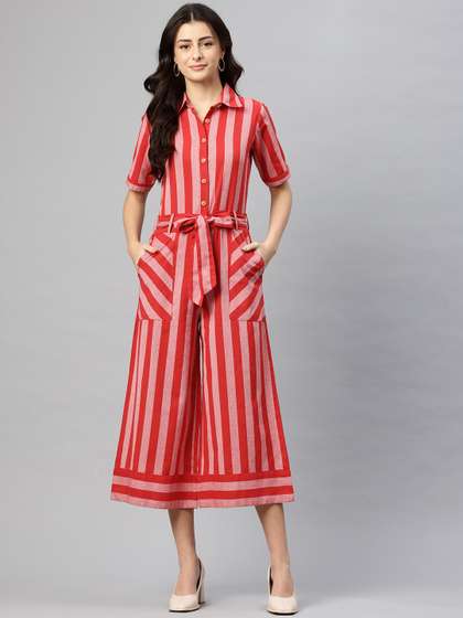 Cottinfab Striped
                        Shirt Collar Basic Jumpsuit