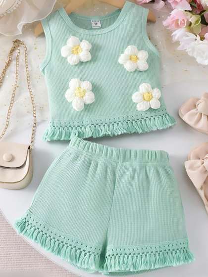 Jhilik Garments Girls
                    Sea Green Sleeveless Floral Top & Shorts Set