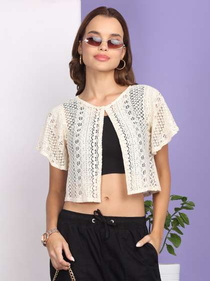 Dressitude Self
                        Design Flared Sleeves Cotton Crop Shrug