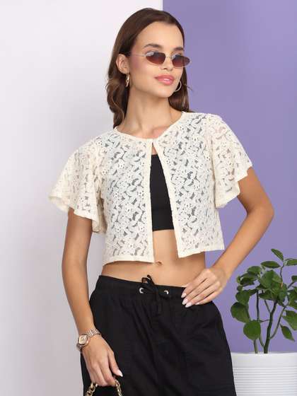 Dressitude Self
                        Designed Cotton Crop Sheer Button Shrug
