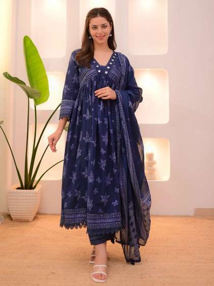 KALINI Floral
                          Printed V-Neck Empire Anarkali Mirror Work
                          Kurta With Trousers & Dupatta
