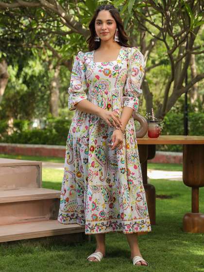 Rain & Rainbow
                        Ethnic Motifs Printed Puff Sleeves Pure Cotton
                        Midi Dress
