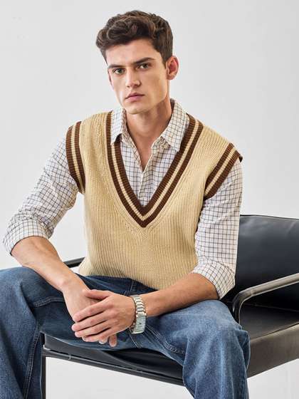 Snitch Men Striped
                        Self Design Sleeveless V-Neck Sweater Vest
