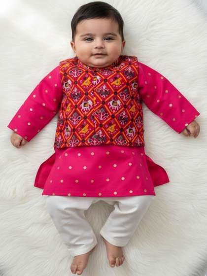 Sangria Boys Pink
                      Ethnic Motifs Printed Regular Pure Silk Kurta With
                      Pyjama With Waistcoat