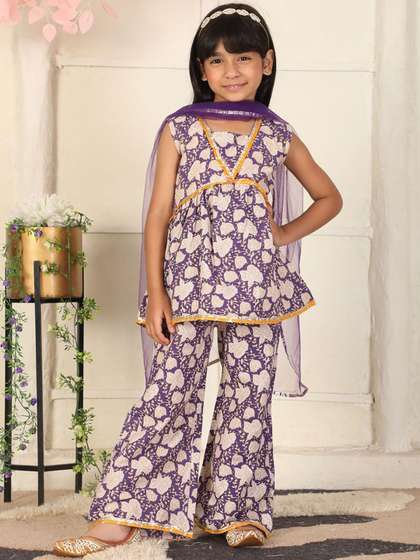 Cutiekins Girls Floral
                    Printed V-Neck Gotta Patti Kurta With Palazzos &
                    Dupatta